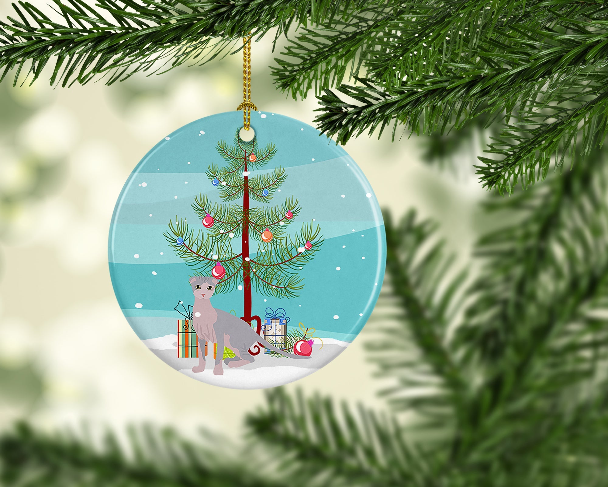 Ukrainian Levkoy Cat Christmas Ceramic Ornament