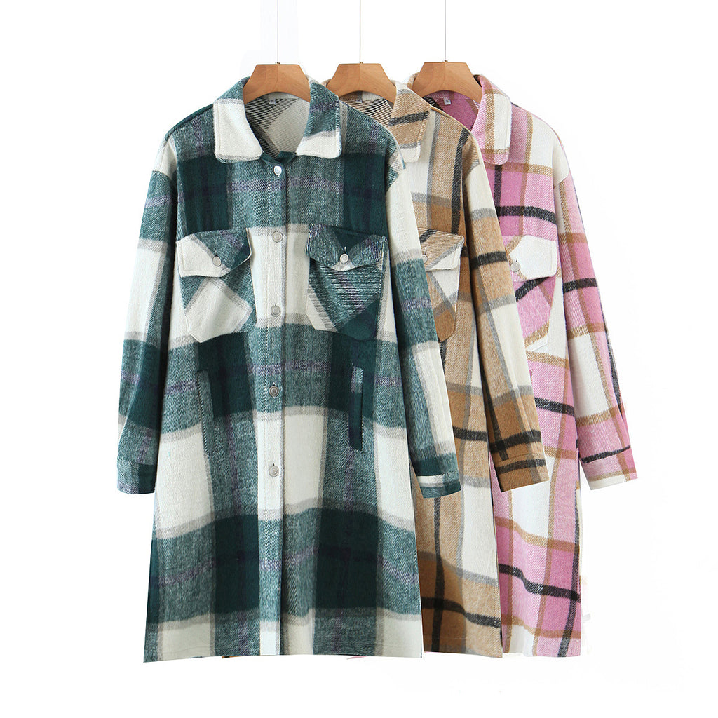 Tweed Plaid Pocket Long Windbreaker Jacket