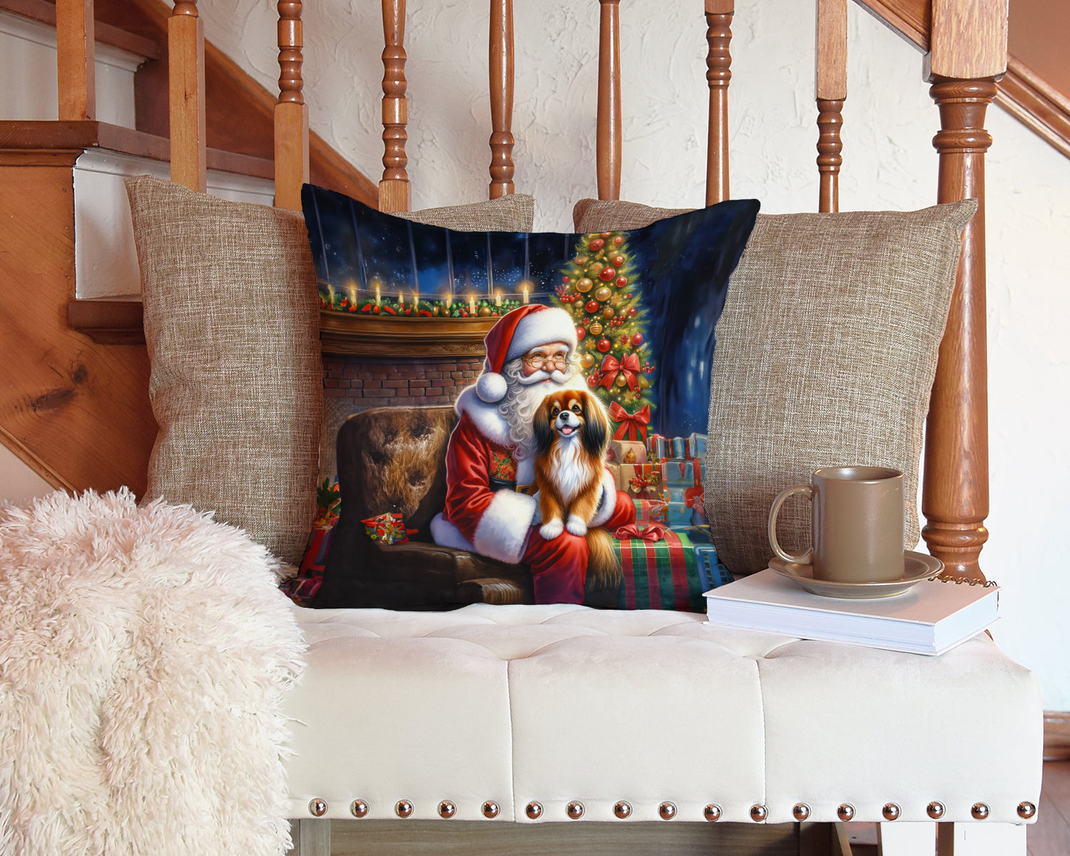 Tibetan Spaniel and Santa Claus Throw Pillow