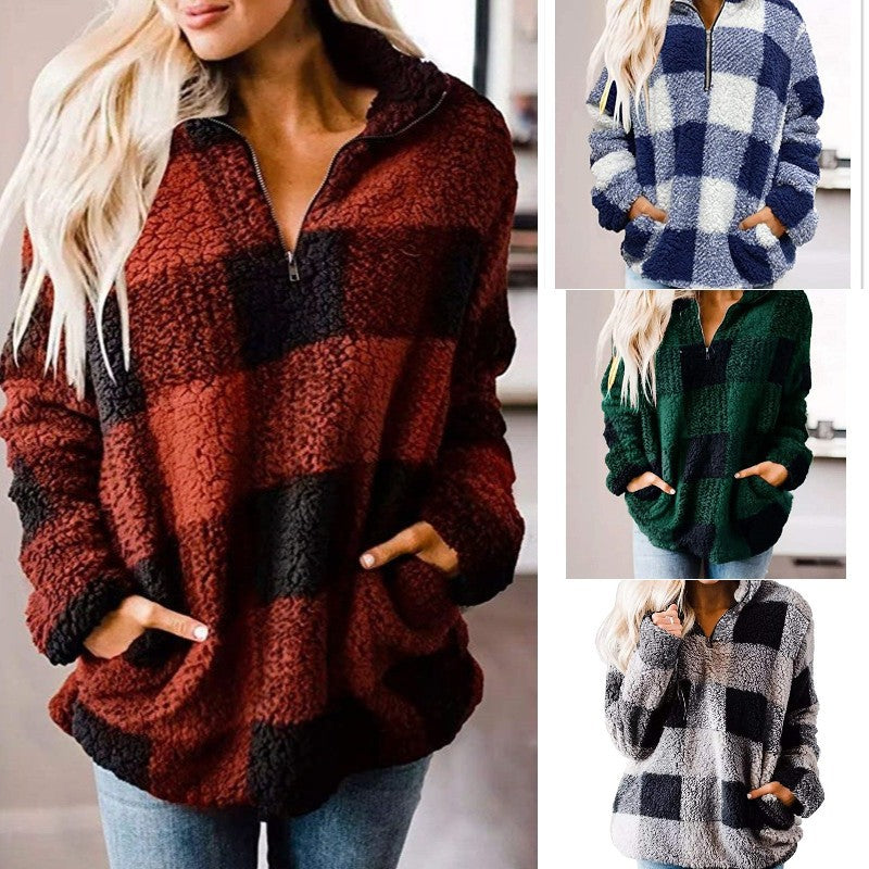 Oversized Plush Coat with Stand Collar and Plaid Design
