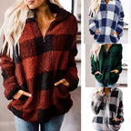 Oversized Plush Coat with Stand Collar and Plaid Design