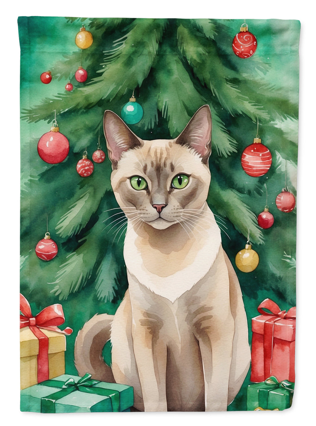 Tonkinese Cat By the Christmas Tree Garden Flag