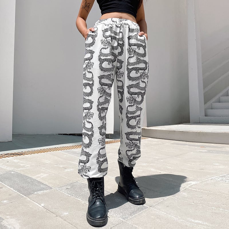 High-Waist Tunic with Dragon Print Sweatshirt Trousers | Streetwear
