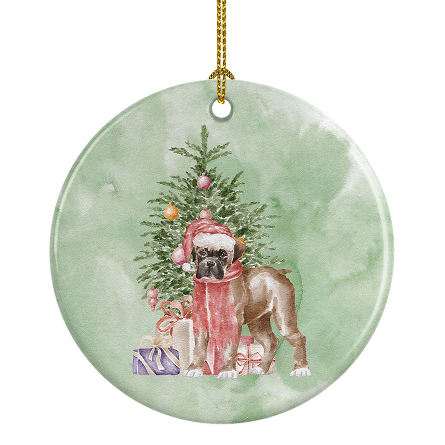 Boxer Puppy Christmas Presents and Tree Ceramic Ornament