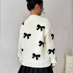 Autumn And Winter Round Neck Bow Jacquard Pullover Sweater | Streetwear