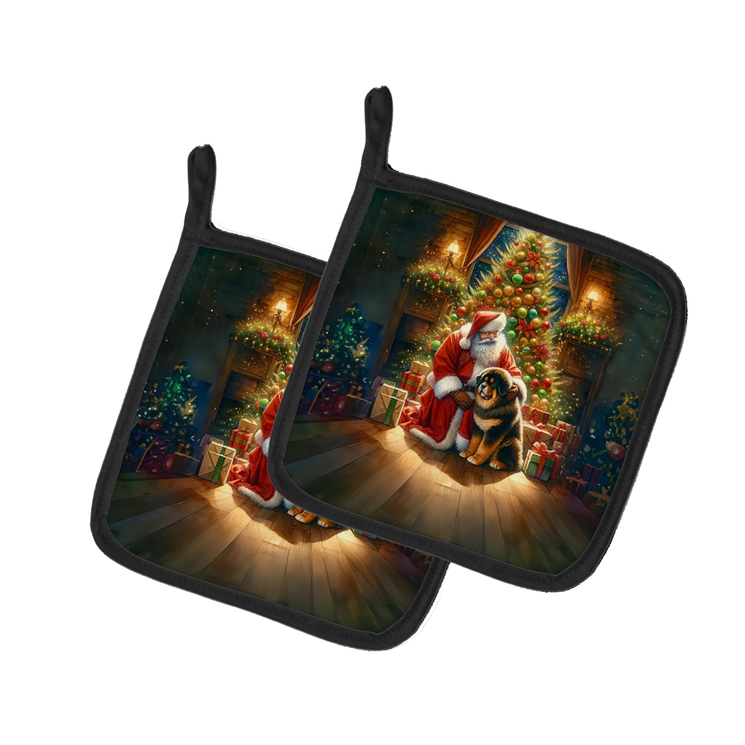 Tibetan Mastiff and Santa Claus Pair of Pot Holders
