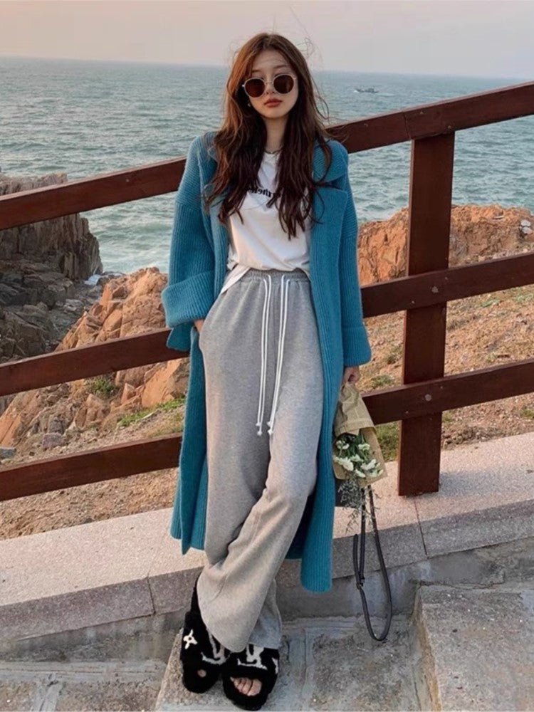 Elegant Blue Women's Knitted Winter Cardigan Jacket