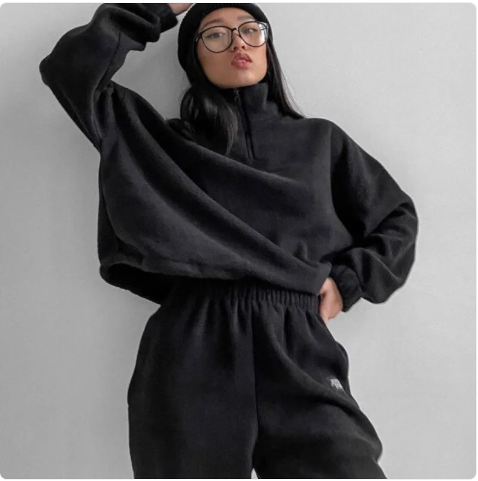 Loose Zip Stand Collar Sweater Set