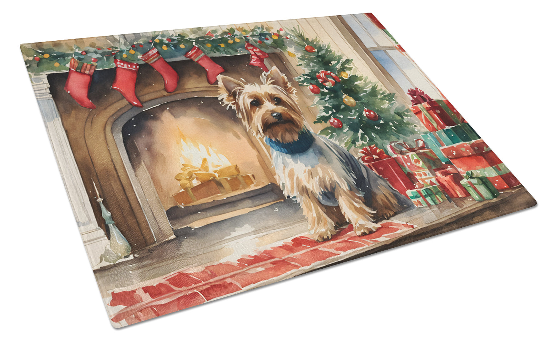 Silky Terrier Cozy Christmas Glass Cutting Board