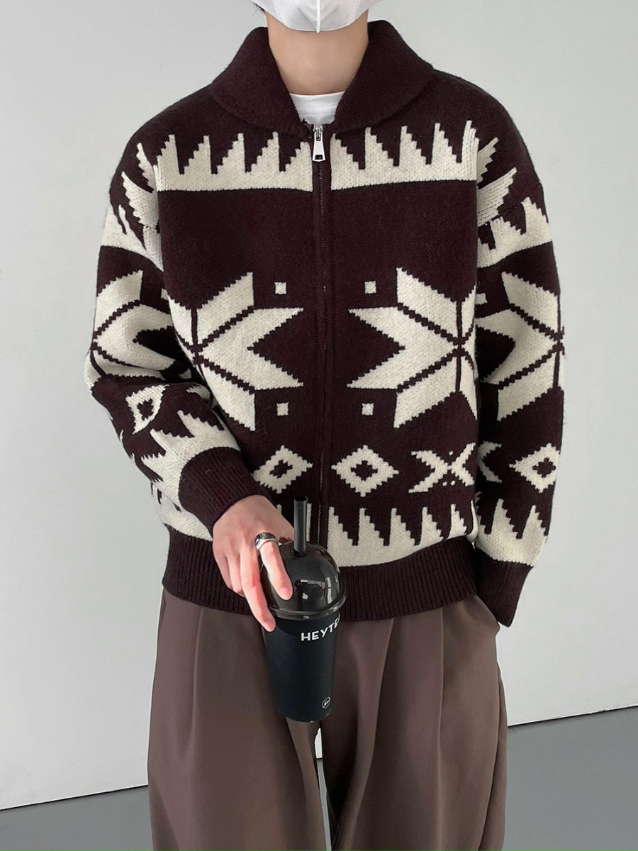 Men's Knitted Geometric Contrast Color Lapel Cardigan