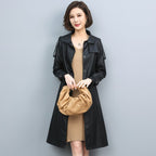 Women's Leather Trench Coat with Drawstring and Collar