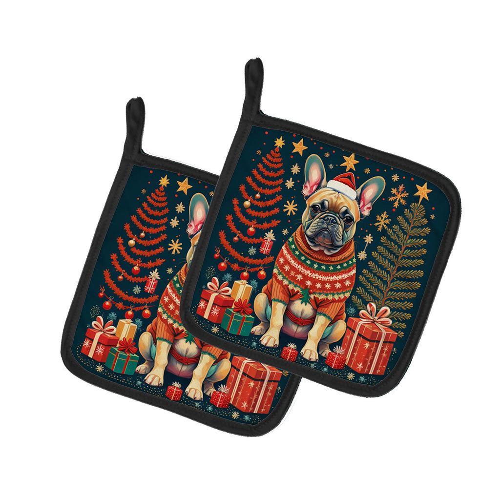 Fawn French Bulldog Christmas Pair of Pot Holders