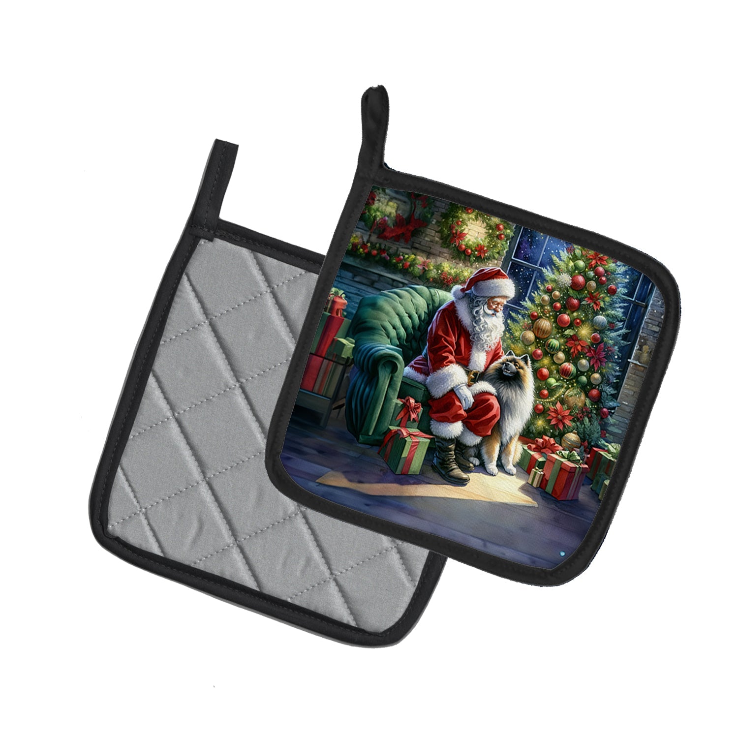 Keeshond and Santa Claus Pair of Pot Holders
