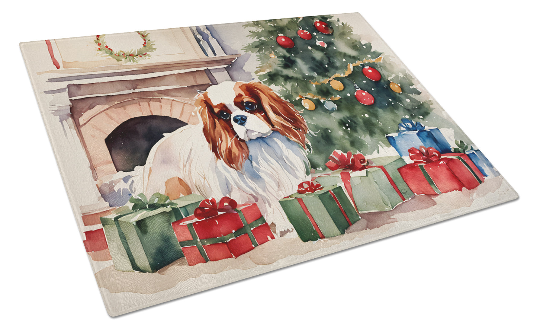Cavalier Spaniel Cozy Christmas Glass Cutting Board