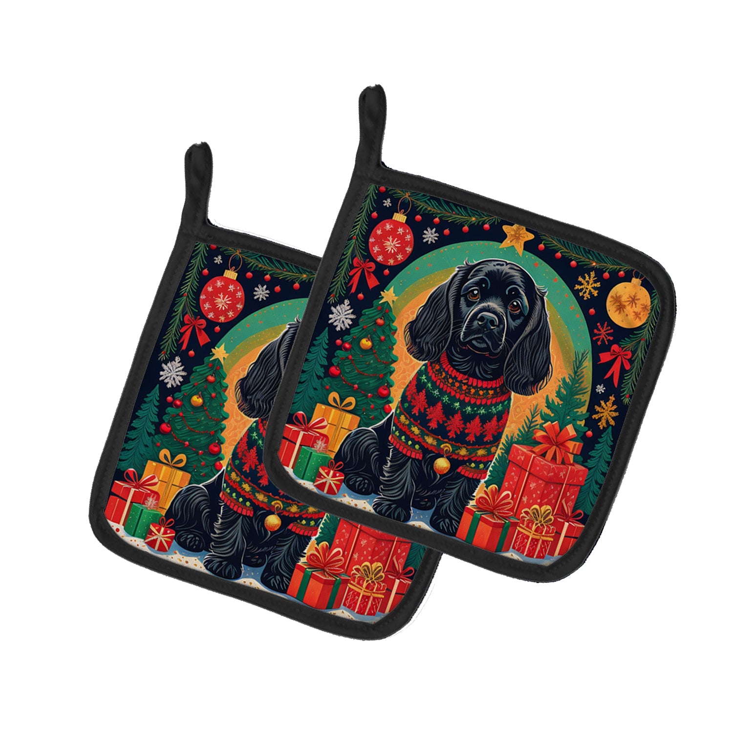 Black Cocker Spaniel Christmas Pair of Pot Holders
