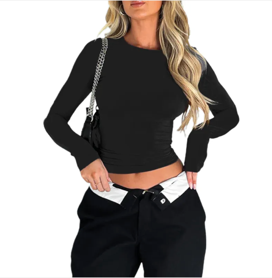 Solid Color Slim-Fit Long Sleeve Women's Casual Pullover Top | Streetwear