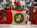 Japanese Spitz Christmas Flowers Throw Pillow