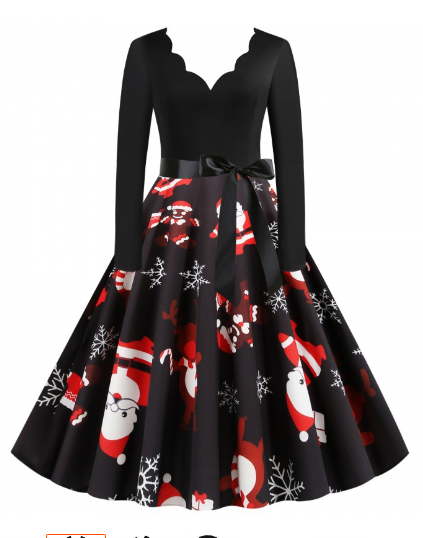 Vintage Print Long Sleeve Maxi Dress for Christmas