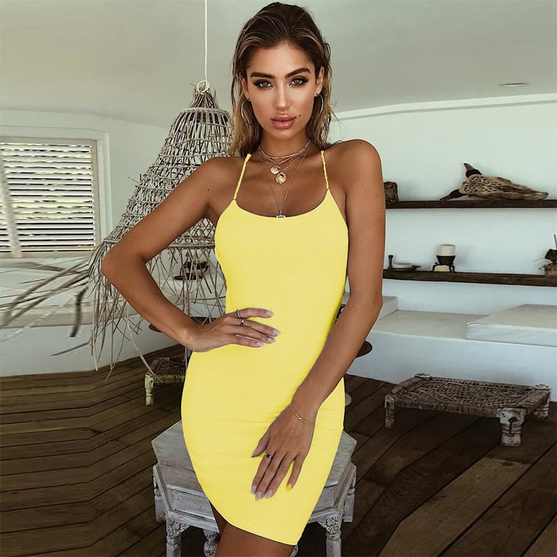 Backless Midi Dress with Solid Color Straps