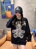 Light Luxury Rhinestone Bear Sweatshirt for Women | Streetwear