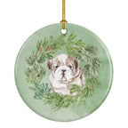 Bulldog Puppy Fawn Brindle Christmas Wreath Ceramic Ornament