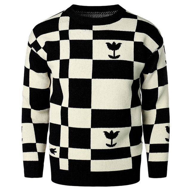 Men's Casual Knit Sweater - Warm Plaid Round Neck Top
