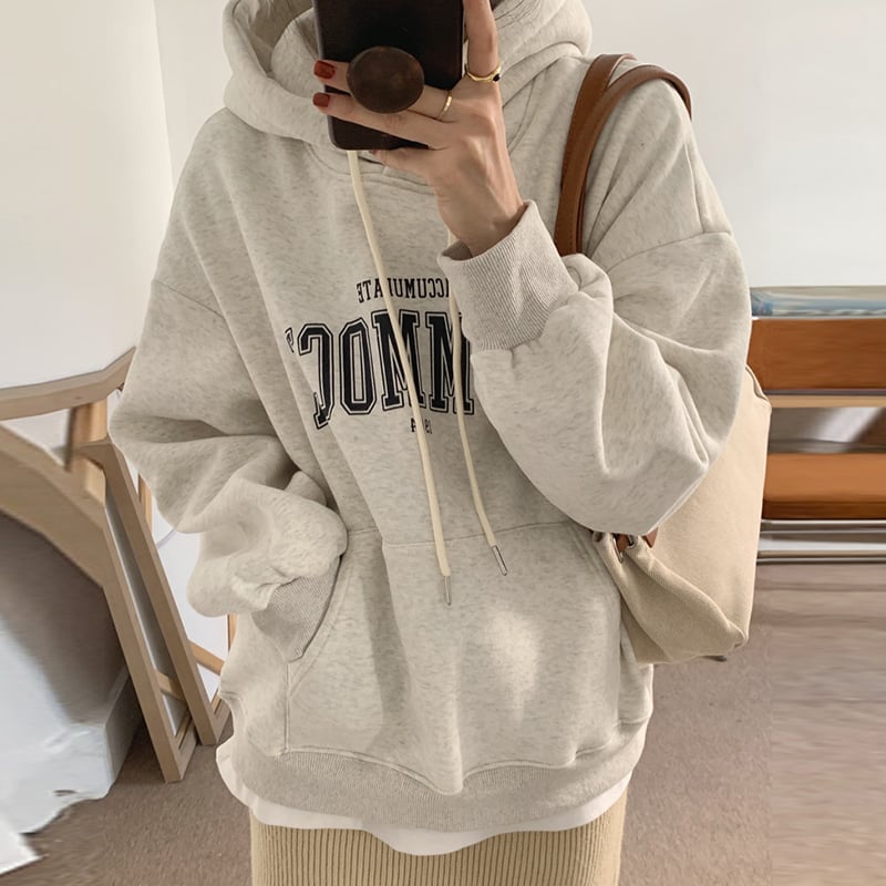 Women's Plus Fleece Loose Hooded Sweater with Print