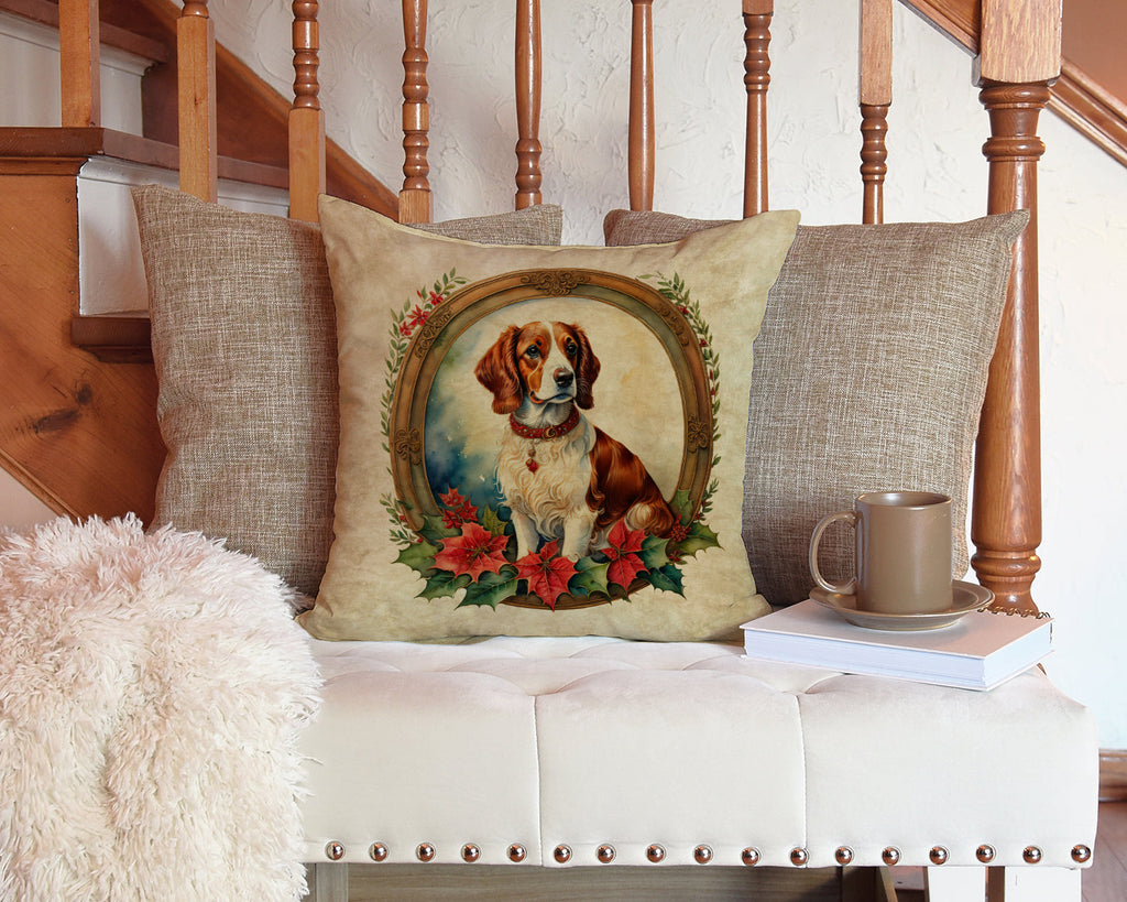 Brittany Spaniel Christmas Flowers Throw Pillow