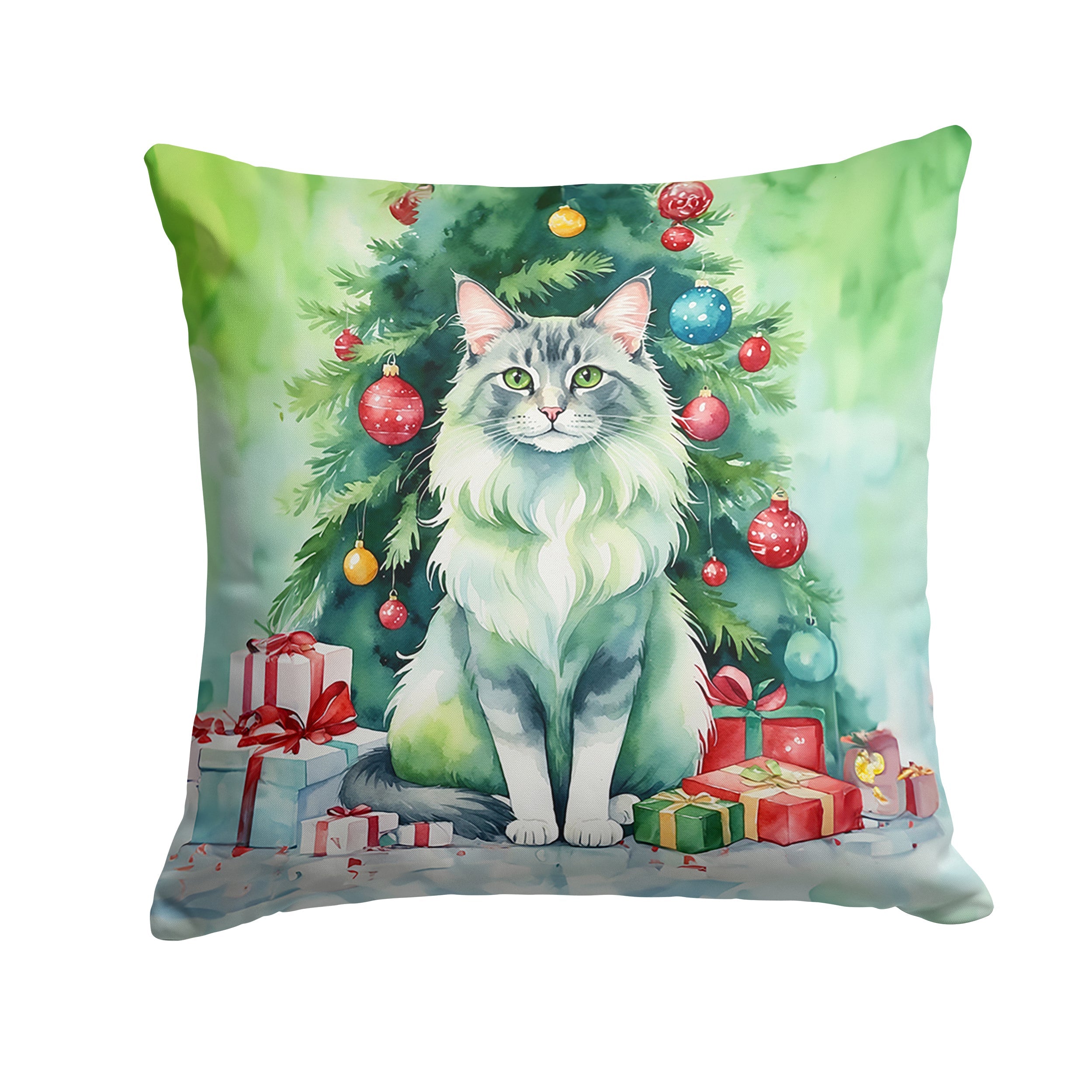 Oriental Longhair Cat By the Christmas Tree Throw Pillow