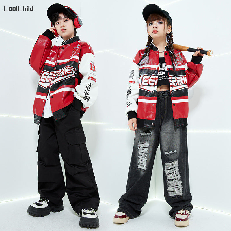 Boys Hip Hop Leather Jacket & Cargo Pants Set