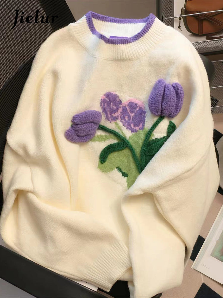 Jielur Women’s Soft Knitted Tulip Flower Sweater