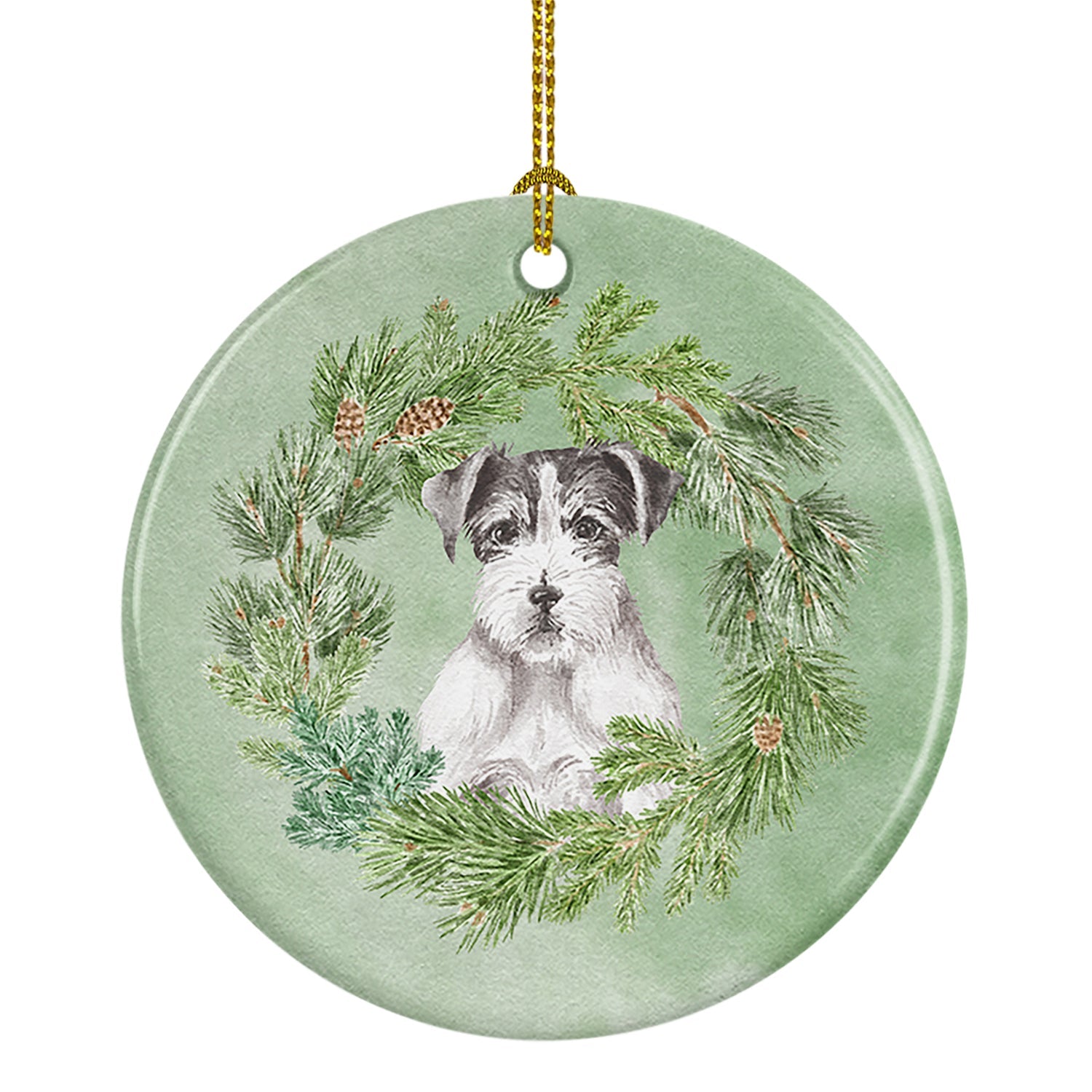 Jack Russell Terrier Black and White Wirehaired Christmas Wreath Ceramic Ornament