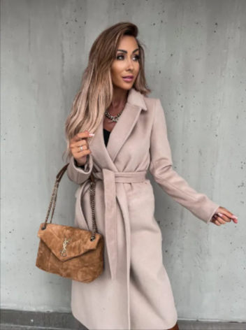 Women's Long Woolen V-Neck Tie-Up Coat