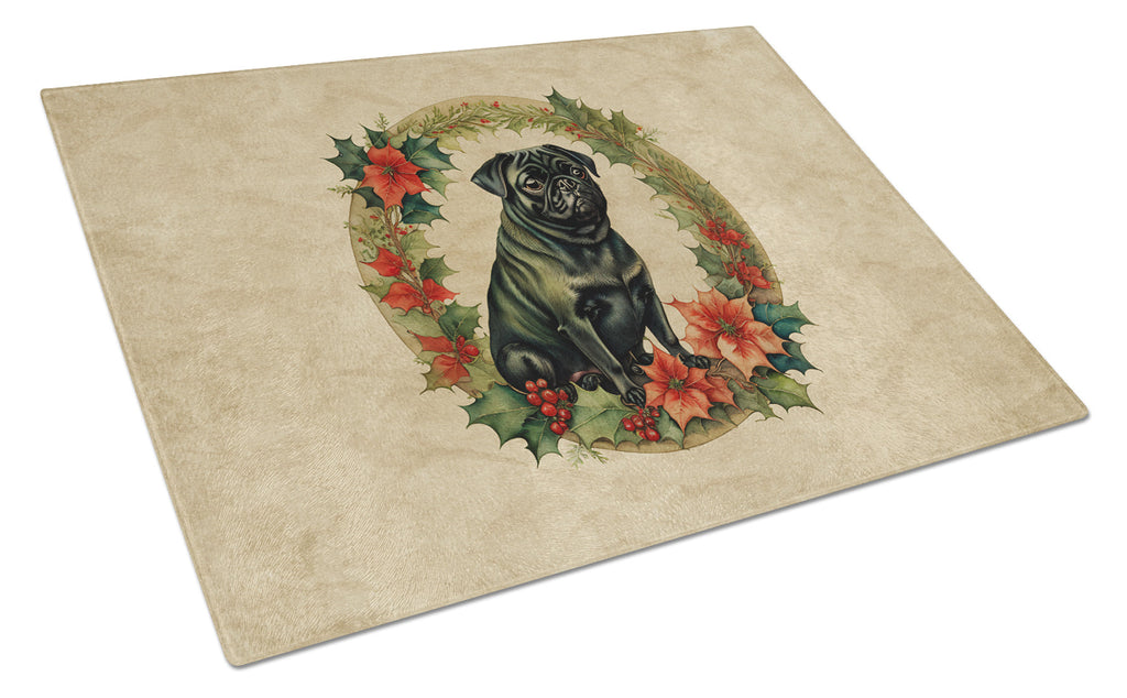 Pug Christmas Flowers Glass Cutting Board