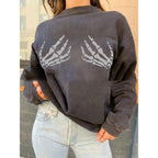 Loose Fit White Bone Hand Print Women's Sweater