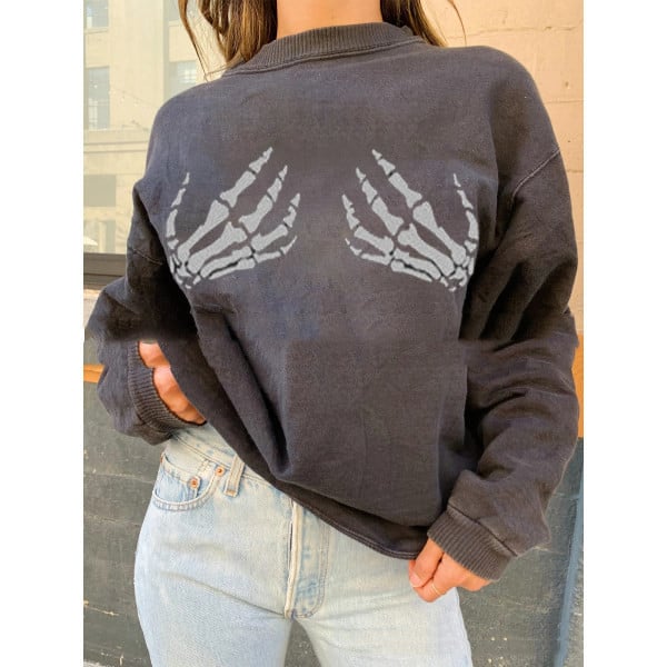 Loose Fit White Bone Hand Print Women's Sweater