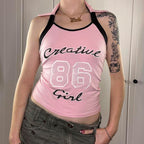 Sweet and Spicy Wind Pink Letter Print Halter Top
