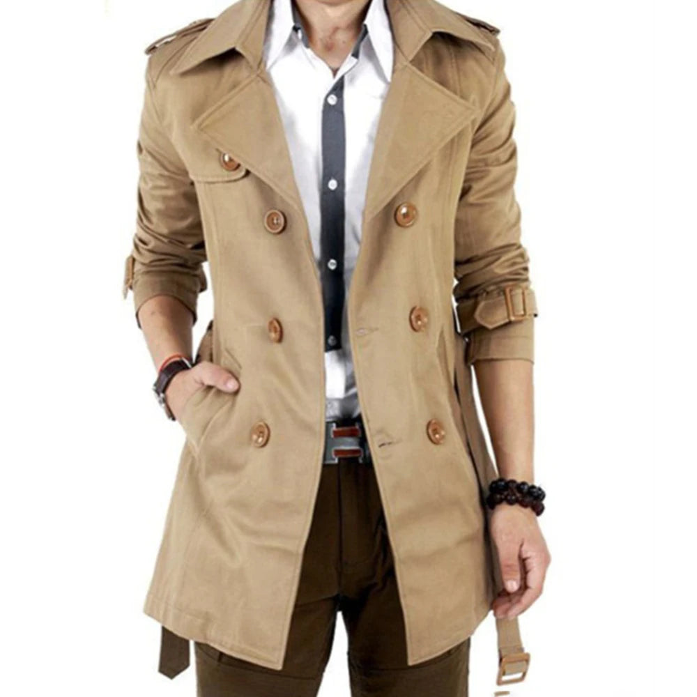 Elegant British Men's Mid-Length Double-Breasted Coat