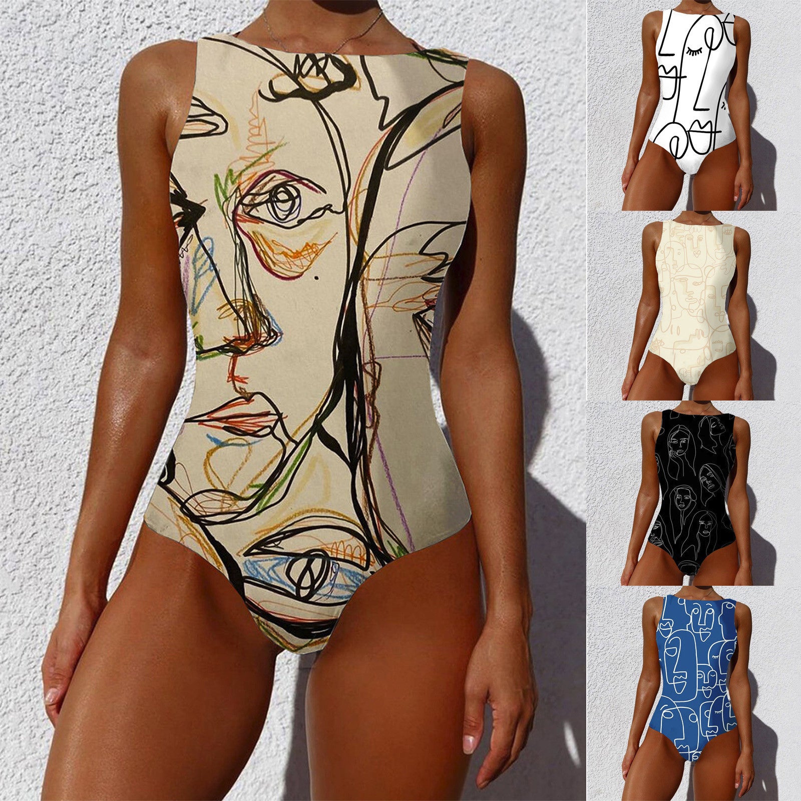 Women's Abstract Print High Neck Backless Swimsuit