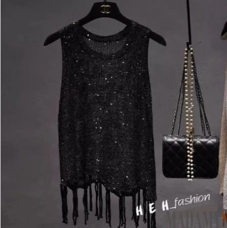 Madamy Midnight Sleeveless Fringe Knit Top (One Piece)