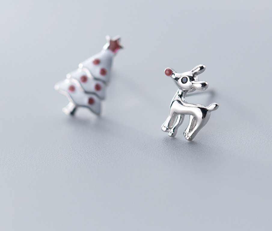 Silver Cute Asymmetric Christmas Tree Earrings