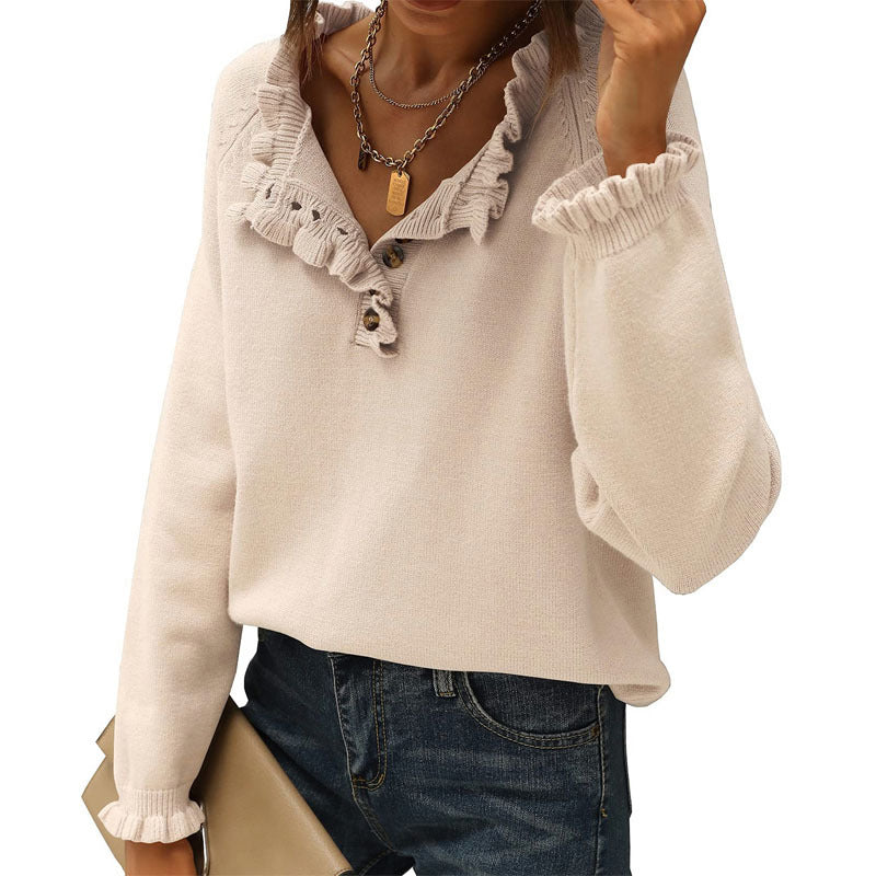 Women's Casual Long-Sleeved Ruffle Knit Pullover | Streetwear