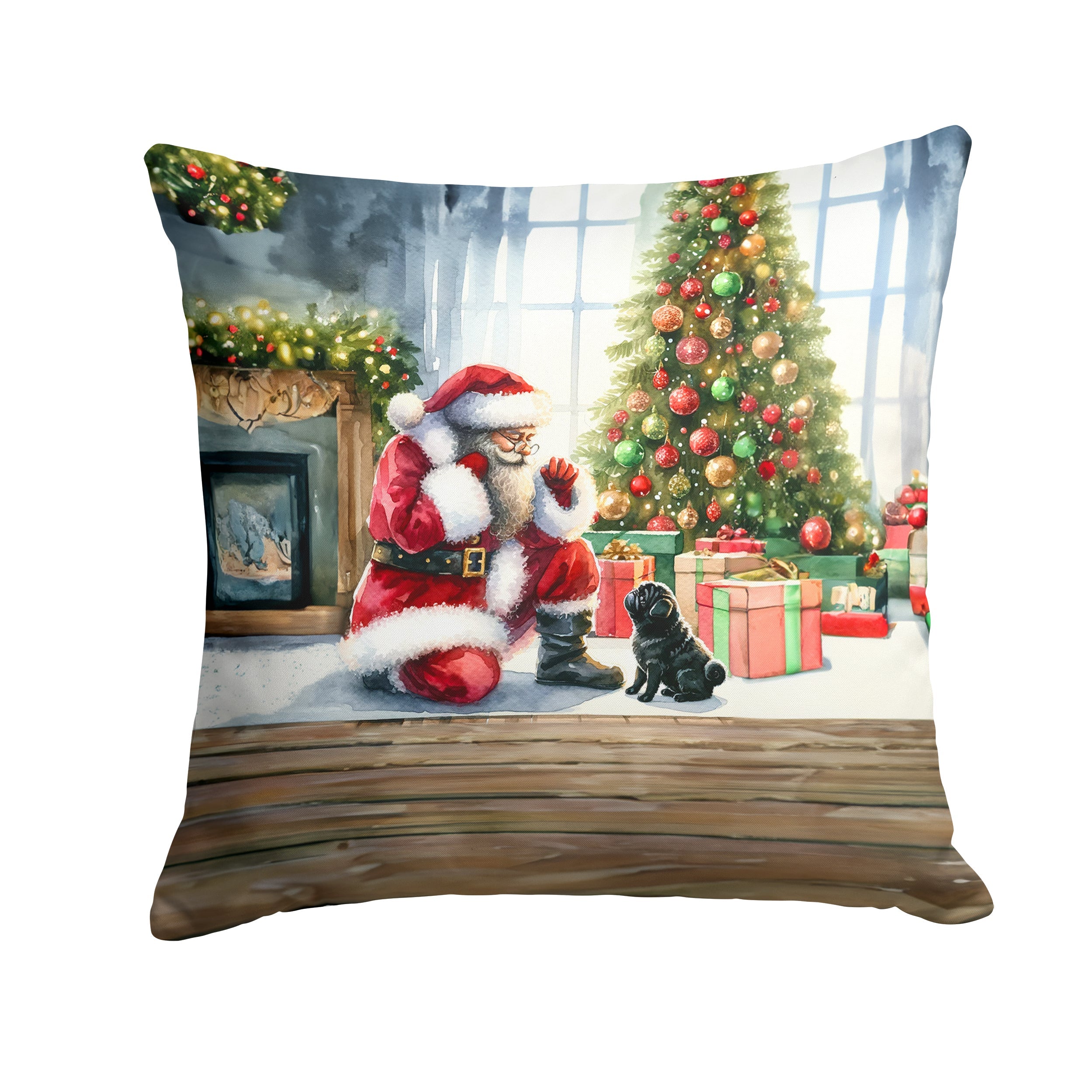 Black Pug and Santa Claus Throw Pillow