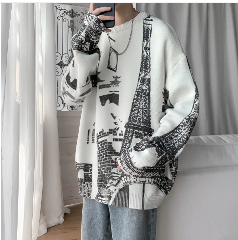 Men's Loose Round Neck Iron Tower Printed Sweater