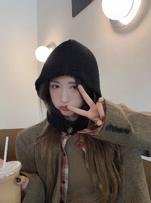 Hand-Knitted Lace-Up Solid Color Beanie Hat | Embroidered Cap