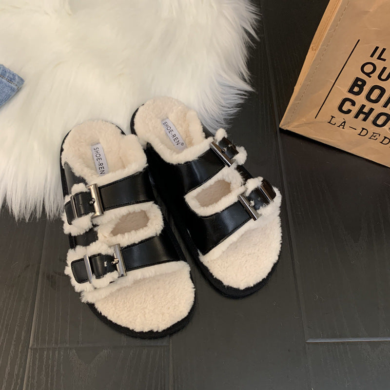 Lamb Wool One-Piece Sandals for Autumn and Winter