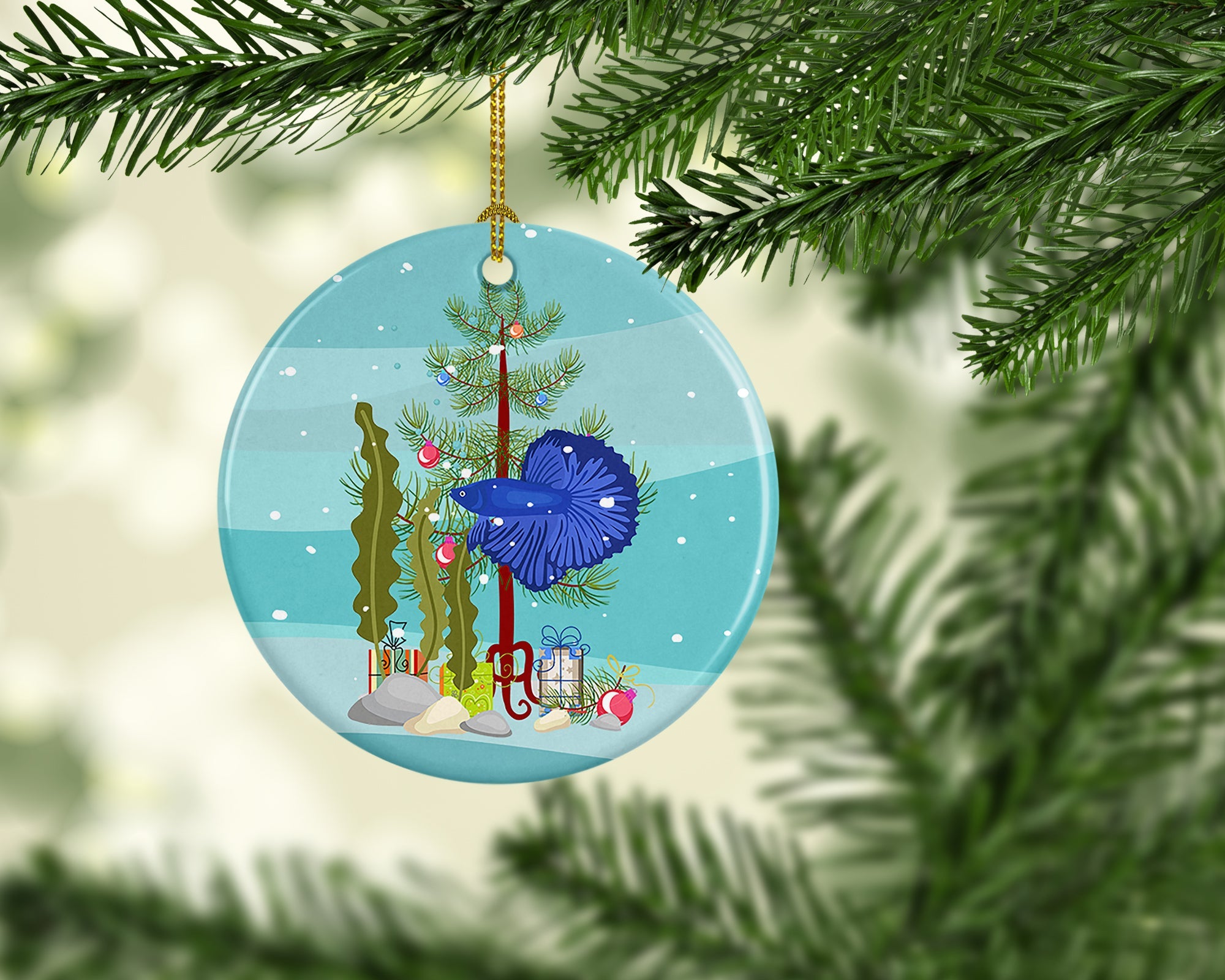 Super Delta Tail Betta Merry Christmas Ceramic Ornament