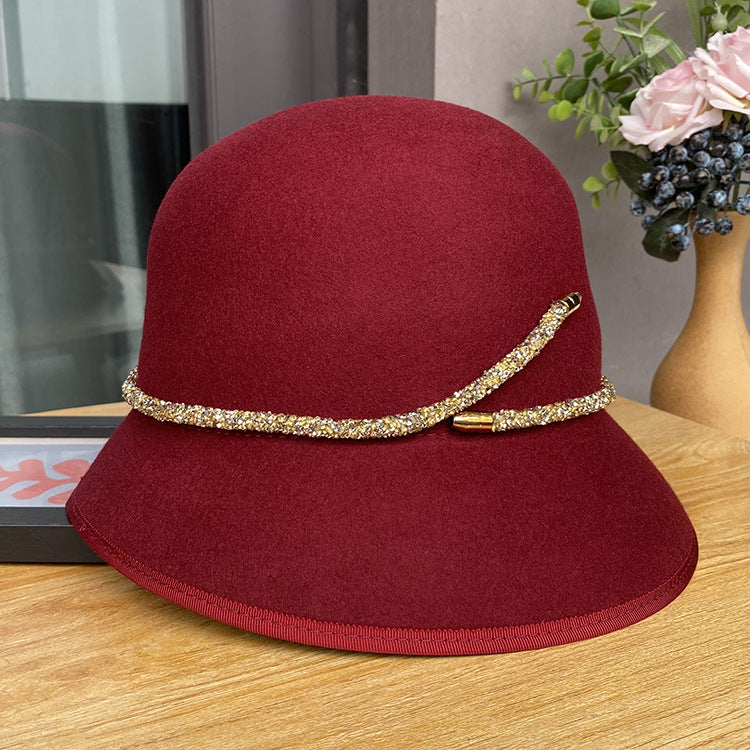 Fashionable Wool Bucket Hat with Belt Decoration for Women | Embroidered Cap