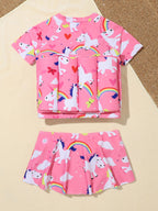2022 Pink Girls' Split Swimsuit with Zipper and Shorts