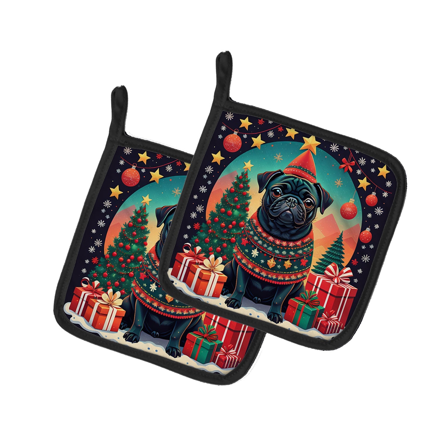 Black Pug Christmas Pair of Pot Holders